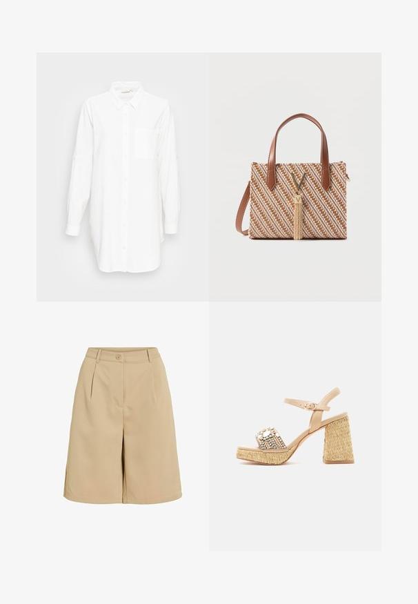 Chemise blanche à manches longues avec col et poche poitrine, présentée sur un fond gris clair uni.; Short beige coupé à la longueur genou, avec plis devant, passants pour ceinture et fermeture par bouton à la taille.; Sandale beige à bout ouvert avec bride à la cheville, talon bloc, plateforme tissée et ornements en strass sur la bride avant.; Sac à main tissé rectangulaire avec un motif diagonal marron et blanc, des poignées en cuir marron et un fermoir doré en forme de V avec un détail de pampille.