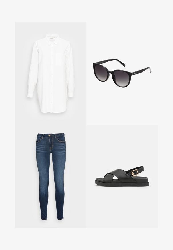 Chemise blanche à manches longues avec col et poche poitrine, présentée sur un fond gris clair uni.; Jeans slim en denim bleu foncé, avec des poches avant, une fermeture à bouton et des détails de couture discrets le long des coutures.; Sandales à talon ouvert noires avec des bride croisées, fabriquées en matière texturée. Elles présentent une semelle plate et un accent de boucle dorée au talon.; Lunettes de soleil noires en forme de cat-eye avec des verres dégradés, monture en plastique, texture lisse et détails en argent sur les branches.