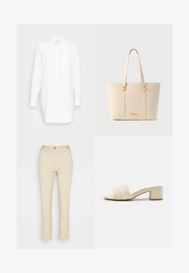 Chemise blanche à manches longues avec col et poche poitrine, présentée sur un fond gris clair uni.; Pantalon en coton beige avec une coupe droite, doté d'une fermeture à bouton à l'avant et de poches latérales. Texture lisse et détails minimalistes.; ALDO CLAUDINA - Mules - white/bone; Sac fourre-tout texturé couleur crème, avec longues anses et détails métalliques dorés sur un fond neutre.