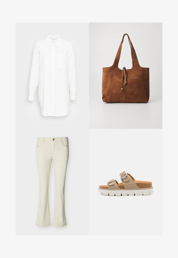 Chemise blanche à manches longues avec col et poche poitrine, présentée sur un fond gris clair uni.; Jeans bootcut pour femmes de couleur crème avec bouton à l'avant, fermeture éclair, et poches avant sur un fond blanc.; Sandales à glissière beige avec deux brides réglables, semelle intermédiaire en liège et semelle extérieure en caoutchouc blanc avec un motif texturé.; Sac fourre-tout en daim marron avec deux longues poignées, fermeture à cordon et texture lisse. Présente un design simple et des accents minimaux.