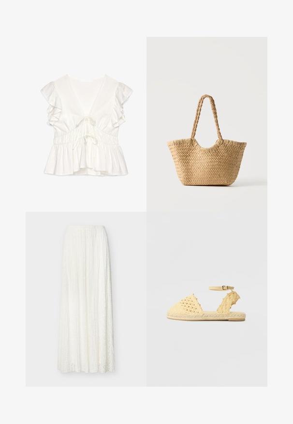Top peplum blanco hecho de una tela ligera, con un profundo escote en V, mangas cortas con volantes, cordón ajustable y detalle de cintura fruncida.; Falda larga blanca de encaje con cintura alta y tela texturizada plisada, que llega hasta el suelo.; Sandalia amarilla tejida que presenta una punta cerrada, correas ajustables en el tobillo y suela de yute texturizada, con patrones troquelados a lo largo de los lados.; Bolso tote de paja trenzada con base ancha, asas trenzadas y color beige natural sobre fondo blanco liso.