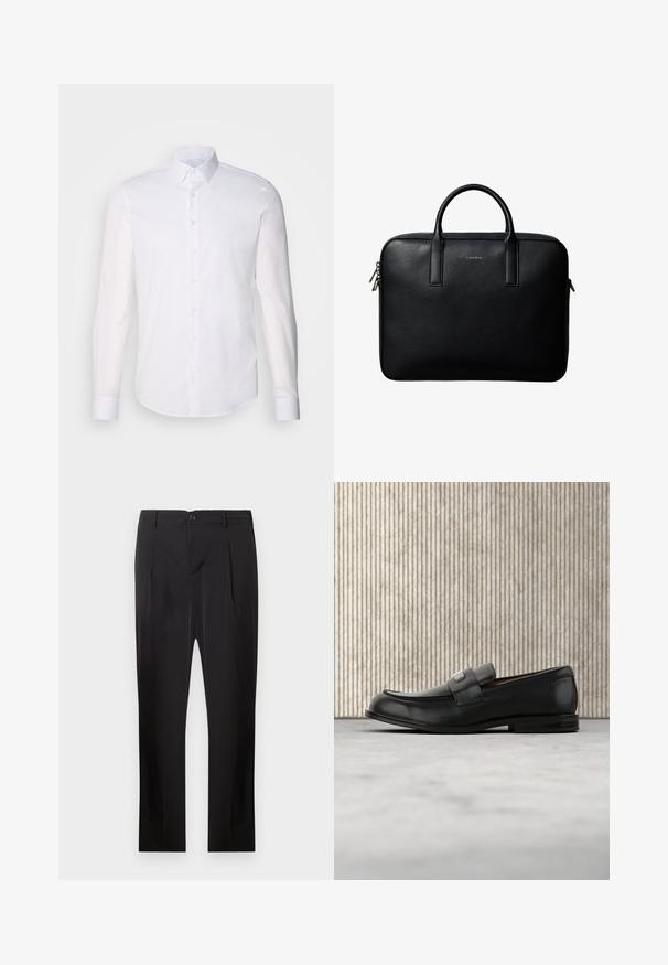 Hvid langærmet button-up skjorte lavet af bomuld, med en klassisk krave, frontknapper og minimal syning detalje.; Sorte skræddersyede bukser med en glat overflade, med en lige pasform, frontfald og en enkelt knaplukning i taljen.; Sort læderloafer med metalbrandskilt hvilende nær et brunt rundt bord på beige tæppe.; Sort tekstureret lædermappe med dobbelte håndtag og sølv lynlås, centreret på hvid baggrund.