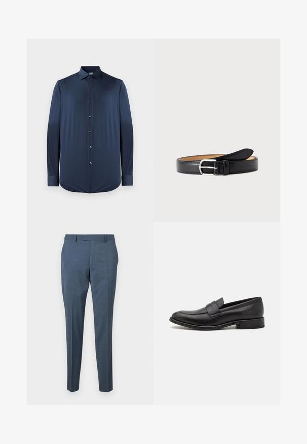 Camisa de manga larga azul marino, hecha de una tela suave, con cuello puntiagudo, cierre delantero de botones y puños con dobladillo redondeado.; Pantalones a medida de tejido azul claro con una textura sutil. Presentan un diseño de pierna recta y un frontal plano. Incluyen trabillas para cinturón.; Mocasín de cuero negro con un acabado suave, una tira decorativa en la parte superior, punta redondeada y un tacón bajo apilado.; Cinturón de cuero negro con hebilla rectangular plateada, enrollado con la hebilla hacia adelante sobre un fondo liso y claro.