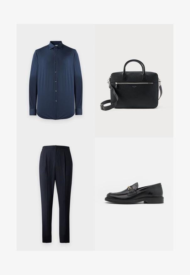 Camisa de manga larga azul marino, hecha de una tela suave, con cuello puntiagudo, cierre delantero de botones y puños con dobladillo redondeado.; Pantalones azul marino con un corte relajado, frente plisado y cintura elástica. La tela tiene un acabado suave con un ligero brillo.; Mocasines de cuero negro con punta redondeada, que cuentan con un detalle de herrajes dorados y costuras, situados sobre una suela de goma texturizada y baja.; Maletín rectangular de cuero negro con textura, con doble asa, bolsillo frontal con cremallera y correa de hombro ajustable, mostrado sobre fondo blanco.