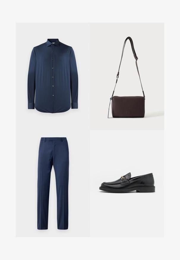 Marineblauwe longsleeve shirt van gladde stof, met een puntige kraag, een knoopsluiting aan de voorkant en manchet met afgeronde zoom.; Mannen navy blauwe op maat gemaakte colbertbroeken met riemlussen en een sluiting aan de voorkant, gepresenteerd tegen een witte achtergrond.; Zwarte leren instappers met een ronde neus, voorzien van een gouden hardware accent en stikdetails, geplaatst op een lage, getextureerde rubberen zool.; Donkerbruine gestructureerde leren crossbodytas met verstelbare riem en klein decoratief blauw accent aan de zijkant.