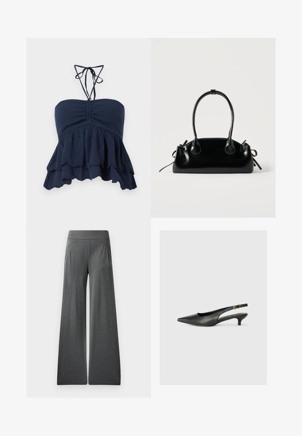 Navyblaues trägerloses Oberteil mit gefaltetem Oberteil, fransigem Saum und dünnen Halsschlaufen. Weicher, texturierter Stoff mit lockerer Passform, ideal für die Freizeit.; Graue weit geschnittene Hose mit flachem Bund, Falten an der Vorderseite und glatter Textur, die für Komfort und Bewegungsfreiheit entworfen wurde.; Schwarzer Slingback-Schuh mit spitzem Zehenbereich aus glattem Leder. Mit einem dünnen Absatz und einer dekorativen Schnalle am verstellbaren Riemen.; Kleine schwarze glänzende Handtasche mit zwei langen Griffen und seitlichen Kordelzug-Details vor einfachem hellem Hintergrund.