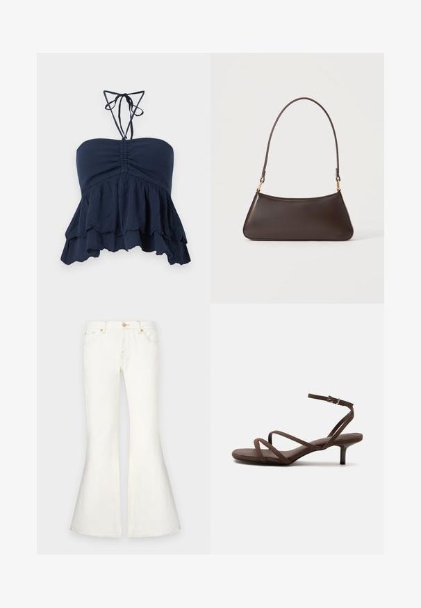 Marineblå strapless top med en samlet bodice, volangkant og tynde halssnore. Blødt, tekstureret stof med en afslappet pasform, ideel til afslappet brug.; Hvide flare jeans med høj talje, lavet af denim. Funktionen inkluderer topstikninger og for- lommer. Glat tekstur med et struktureret design.; Brun højhælet sandal med tynde krydsede stropper og en ankelrem med en sølvspænde på en hvid baggrund.; Mørkebrun læderhåndtaske med en buet toplynlås og en tynd skulderrem med guldfarvede låse på en ensfarvet baggrund.