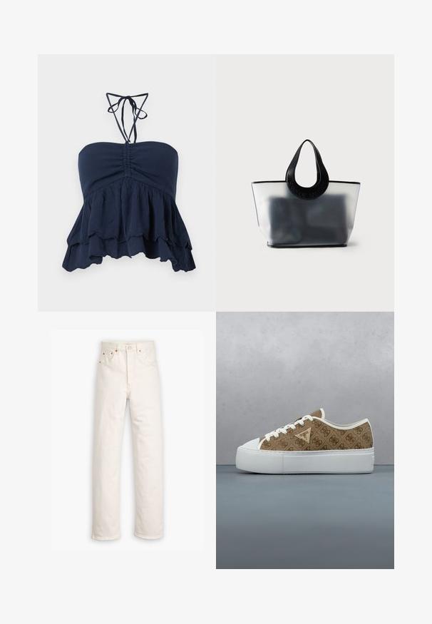 Marineblå strapless top med en samlet bodice, volangkant og tynde halssnore. Blødt, tekstureret stof med en afslappet pasform, ideel til afslappet brug.; Hvide denim jeans med lige ben, fem-lommestil og kobberdetaljer. Rå kantfinish ved anklerne.; Brun mønstret sneakers med hvide snørebånd og tyk hvid sål, svævende over træfliser med grønne blade og en grå væg i baggrunden.; Gennemsigtig grå shopper med sorte afrundede håndtag præget med mærkets navn, der viser slørede mørke indhold indeni.