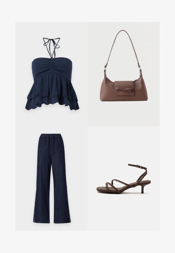 Marineblå strapless top med en samlet bodice, volangkant og tynde halssnore. Blødt, tekstureret stof med en afslappet pasform, ideel til afslappet brug.; Bredde benbukser i mørk denim, med elastisk talje og snøre, samt hvide sidelister på hvert ben. Glat tekstur.; Brun højhælet sandal med tynde krydsede stropper og en ankelrem med en sølvspænde på en hvid baggrund.; Brun skuldertaske i læder med en frontlomme med klap, der har en sydd sløjfedetalje, og en justerbar rem.