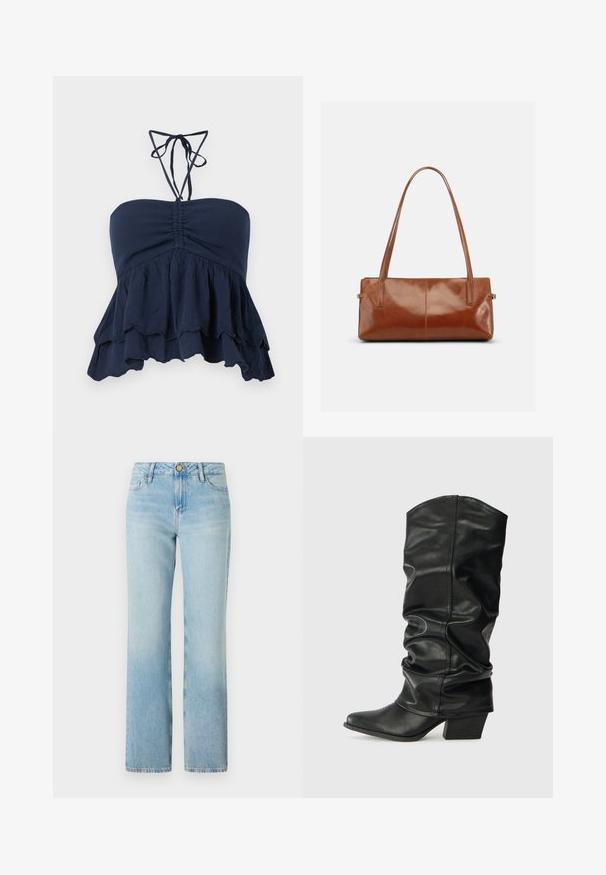 Top sin tirantes azul marino con un cuerpo fruncido, dobladillo con volantes y delgadas cintas al cuello. Tejido suave y texturizado con un ajuste relajado, ideal para un look casual.; Vaqueros de mezclilla azul claro con corte recto, cintura alta y un solo botón frontal. Presentan un desvanecimiento sutil y un clásico diseño de cinco bolsillos.; Botas de cuero negro hasta la rodilla con un diseño arrugado, punta afilada y un tacón grueso, con una textura suave y una costura mínima.; Bolso rectangular de cuero marrón con dos correas largas para el hombro, acabado brillante y liso, y un diseño minimalista sobre un fondo liso.