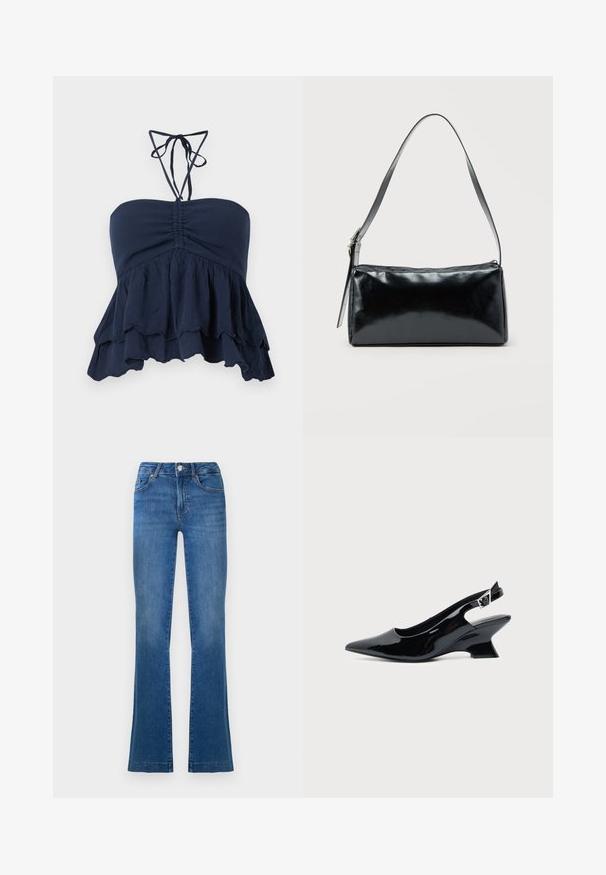 Navyblaues trägerloses Oberteil mit gefaltetem Oberteil, fransigem Saum und dünnen Halsschlaufen. Weicher, texturierter Stoff mit lockerer Passform, ideal für die Freizeit.; Blaue Boots-Cut-Jeans aus Denim, mit einem klassischen Fünf-Taschen-Design, einem vorderen Knopfverschluss und leicht ausgebleichten Stellen an den Oberschenkeln.; Schwarzer Slingback-Schuh aus Lackleder mit spitzer Spitze und niedrigem, schrägem Blockabsatz auf einfachem hellem Hintergrund.; Schwarze rechteckige Schultertasche mit einem verstellbaren Riemen und einem oberen Reißverschluss vor einfachem Hintergrund.