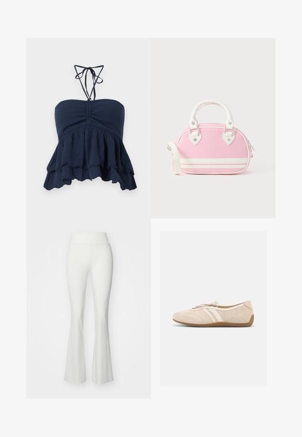 Marineblå strapless top med en samlet bodice, volangkant og tynde halssnore. Blødt, tekstureret stof med en afslappet pasform, ideel til afslappet brug.; Hvide vide bukser med høj talje, lavet af et glat, strækbart materiale. Har en tætsiddende silhuet, der flares ud ved underbenet.; Beige flad skindsko med to hvide læderstriber på siden, en brun sål og en snørelukning øverst.; Lyserød håndtaske med hvide accenter, rund form, top-hanke, aftagelig skulderrem og hjerteformede hardware-detaljer. Lynlås lukning.