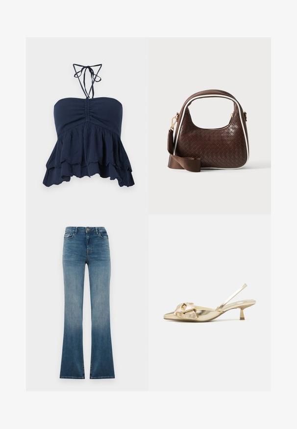 Top sin tirantes azul marino con un cuerpo fruncido, dobladillo con volantes y delgadas cintas al cuello. Tejido suave y texturizado con un ajuste relajado, ideal para un look casual.; Jeans acampanados de mezclilla azul con un desvanecimiento en degradé de oscuro a claro. Cuentan con una cintura tradicional, cinco bolsillos y un cierre de botón frontal.; Zapatos slingback metálicos dorados con punta afilada, que presentan un acabado texturizado, un detalle de lazo decorativo y un tacón cuadrado bajo.; Bolso de mano de piel trenzada marrón con ribete blanco, cremallera dorada y correa de hombro de tela marrón desmontable.