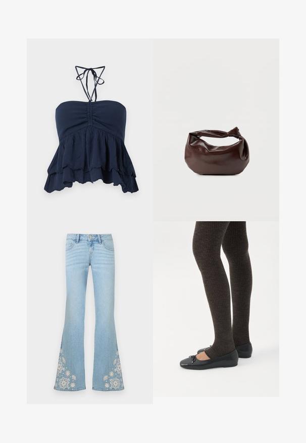 Marineblå strapless top med en samlet bodice, volangkant og tynde halssnore. Blødt, tekstureret stof med en afslappet pasform, ideel til afslappet brug.; Lyseblå flare jeans med høj talje og hvidt blomsterbroderi nær kanten på begge ben.; Ben iført mørke ribbede leggings kombineret med sorte balletsko med små sløjfedetaljer på hvid baggrund.; Mørkebrun læder skuldertaske med en blød, afslappet form og et snoet knudehåndtag på en ensartet hvid baggrund.