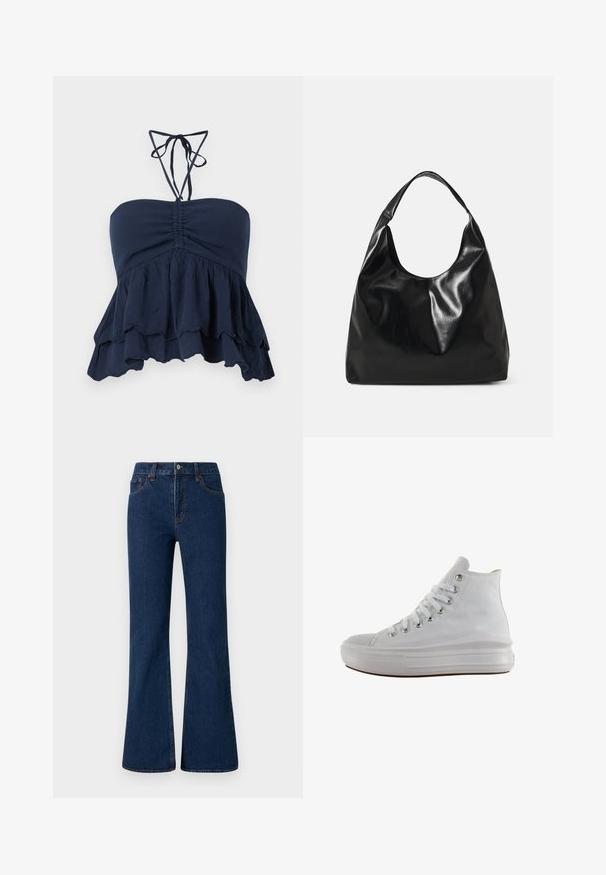 Top sin tirantes azul marino con un cuerpo fruncido, dobladillo con volantes y delgadas cintas al cuello. Tejido suave y texturizado con un ajuste relajado, ideal para un look casual.; Vaqueros acampanados de mezclilla azul oscuro con cinco bolsillos, cierre de botón y dobladillo cosido. Presentan una superficie lisa y texturizada.; Zapatilla de lona blanca de caña alta con cordones blancos, ojales metálicos, suela gruesa de goma y puntera texturizada, mirando hacia la izquierda sobre un fondo blanco.; Bolso hobo de cuero negro con una textura suave y brillante y un diseño de parte superior redondeada y abierta. Cuenta con una amplia correa curvada para llevar. Sin hardware visible.