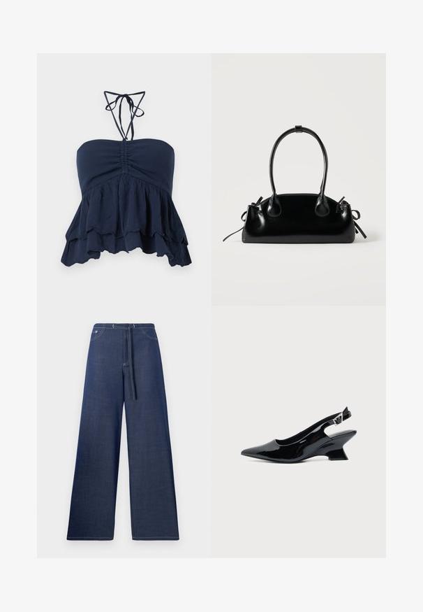 Top sin tirantes azul marino con un cuerpo fruncido, dobladillo con volantes y delgadas cintas al cuello. Tejido suave y texturizado con un ajuste relajado, ideal para un look casual.; Pantalones de mezclilla de pierna ancha en azul oscuro, con una cinturilla ajustable, bolsillos frontales y detalles de costura en blanco contrastante.; Zapato slingback de cuero charol negro con puntera puntiaguda y tacón bajo en bloque inclinado sobre fondo claro liso.; Pequeño bolso negro brillante con dos asas largas y detalles de cordón lateral sobre un fondo claro liso.