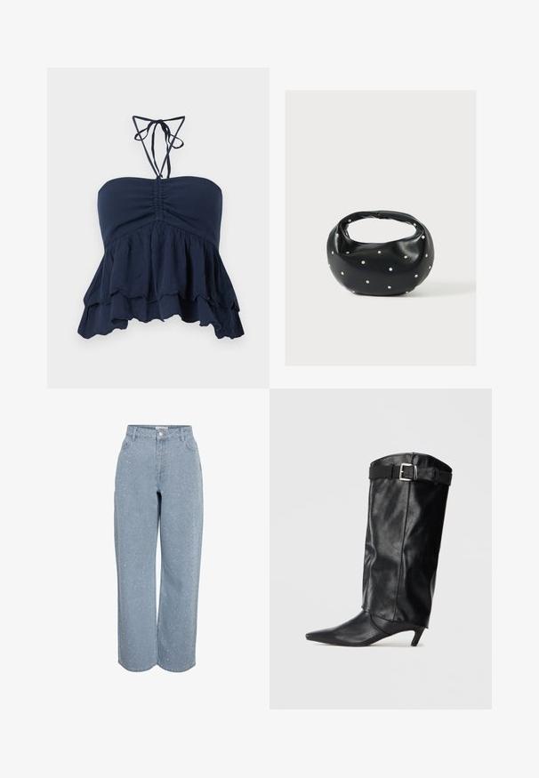 Top sin tirantes azul marino con un cuerpo fruncido, dobladillo con volantes y delgadas cintas al cuello. Tejido suave y texturizado con un ajuste relajado, ideal para un look casual.; Vaqueros rectos de tiro alto en azul claro con pequeños tachuelas plateadas dispersas, bolsillos delanteros, botón y trabillas para cinturón.; Bota negra de cuero hasta la rodilla con punta afilada y un pequeño tacón. Presenta un cinturón en la parte superior con una hebilla plateada. Textura suave.; Bolso de mano de cuero negro con forma redondeada, decorado con detalles de tachuelas plateadas y un asa corta. Textura lisa y cierre con cremallera.