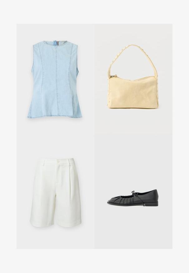 Haut sans manches en denim bleu clair avec détails de coutures, encolure ronde et fermeture éclair au dos.; Shorts blancs sur mesure avec passants de ceinture, fermeture à boutons à l'avant et plis, présentés sur un fond clair uni.; Chaussure plate noire avec design plissé à l'avant et un nœud noué sur le dessus, petit talon, et texture lisse sur un fond gris clair.; Petit sac à main en cuir beige avec une seule bandoulière et des clous argentés le long des bords et de la bandoulière, posé sur un fond uni.