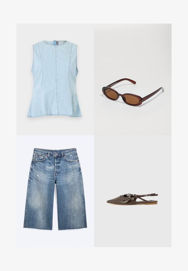 Haut sans manches en denim bleu clair avec détails de coutures, encolure ronde et fermeture éclair au dos.; Short en denim bleu longueur genou avec légère usure, poches avant, passants de ceinture et fermeture par bouton.; Chaussure slingback en cuir verni marron avec un bout pointu, des brides ajustables et une semelle plate. Présente un design découpé pour une meilleure ventilation.; Lunettes de soleil rondes teinte brun avec une monture bordeaux brillante. Branches fines avec un détail de marque subtil. Design de verres plats.