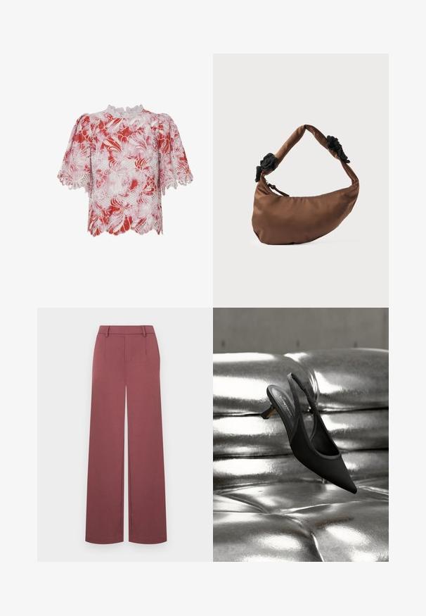 Blusa corta de manga corta en rojo y blanco con patrones de encaje floral, bordes festoneados y un cuello alto con un intrincado ribete y detalles de corte.; Pantalones de pierna ancha de color burdeos. Fabricados con una tela suave, presentan una cintura entallada y pliegues frontales, sin piezas visibles de cierre.; Zapato negro de punta puntiaguda y talón bajo con tira trasera, descansando sobre una superficie de cuero plateado metálico y acolchado brillante.; Bolso marrón en forma de media luna con asa acolchada que presenta detalles en tela negra texturizada en cada lado y cierre de cremallera.
