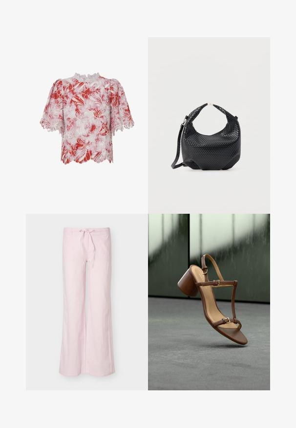 Rood en witte blouse met korte mouwen, versierd met bloemige kantpatronen, gegolfde randen en een hoge hals met complexe afwerking en uitsnijdingen.; Lichtroze brede pijpen broek met voorzakken en een tailleband met trekkoord op een effen achtergrond.; Bruine leren damessandaal met blokhak en twee gouden gespsluitingen, zwevend boven een grijs oppervlak met een reflecterende achtergrond.; Zwart gevlochten lederen handtas met korte handgreep en afneembare schouderriem, getoond tegen een effen lichte achtergrond.
