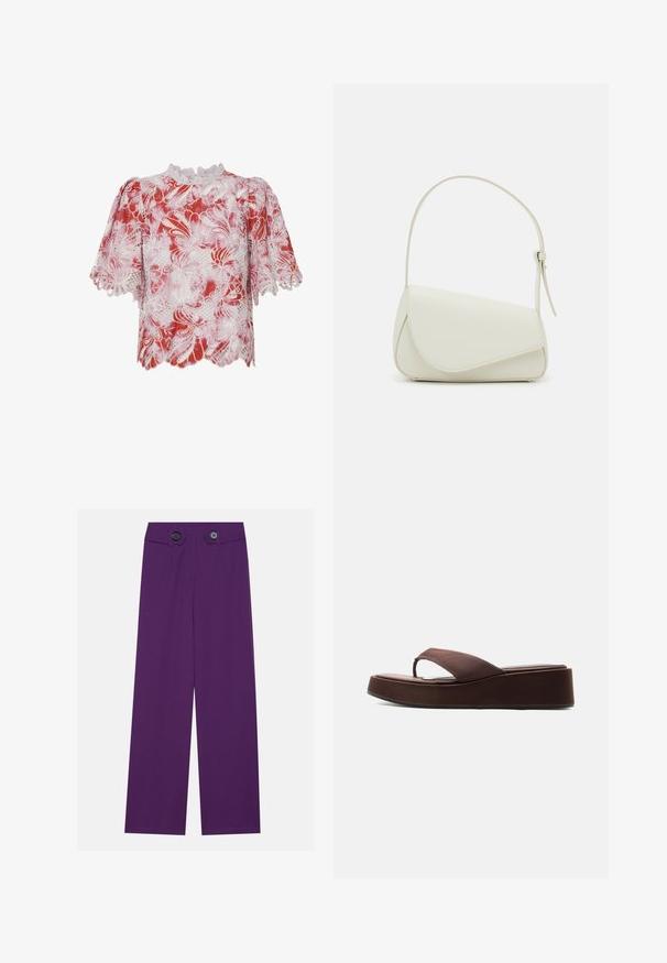 Rood en witte blouse met korte mouwen, versierd met bloemige kantpatronen, gegolfde randen en een hoge hals met complexe afwerking en uitsnijdingen.; Paarse wijde pijpenbroeken hebben een gladde stof, twee grote knopenaccenten op de tailleband en twee voorzakken.; Bruine platformflipflops met dikke zool en brede band over de tenen op een effen witte achtergrond.; Witte nepleren handtas met een gestructureerde driehoekige vorm, een enkele verstelbare schouderriem en een klep met ronde accenten.
