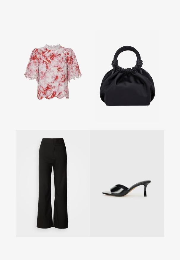 Blusa corta de manga corta en rojo y blanco con patrones de encaje floral, bordes festoneados y un cuello alto con un intrincado ribete y detalles de corte.; Pantalones de pierna ancha negros con una textura suave, cintura alta y un diseño limpio. Sin bolsillos visibles ni adornos.; Mules de tacón alto de cuero negro con diseño de punta descubierta y una amplia correa superior curva. Textura suave y silueta elegante.; Bolso de mano de tela negra suave con parte superior fruncida y asas acolchadas circulares atadas con nudos a cada lado.