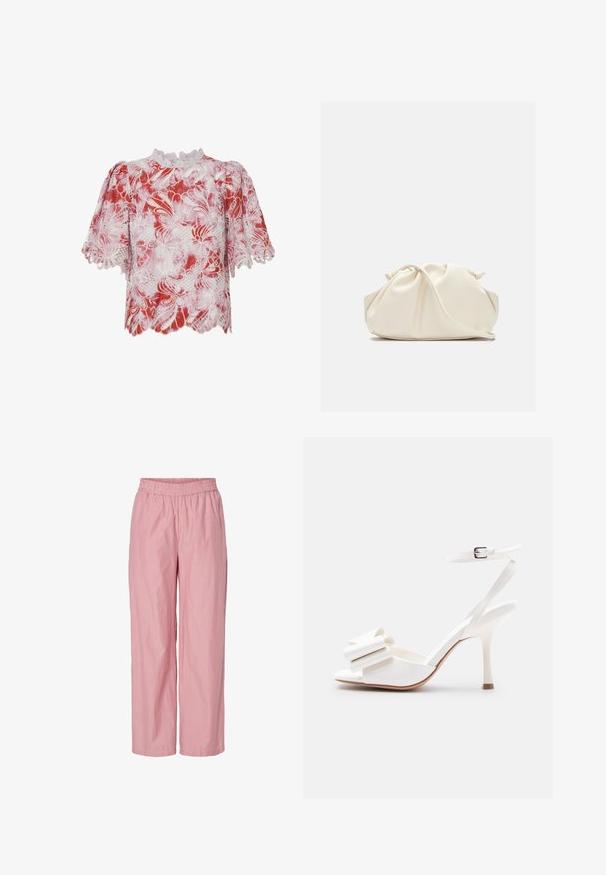 Blouse rouge et blanche à manches courtes ornée de motifs floraux en dentelle, de bords scallopés et d'un col haut avec des ornements complexes et des découpes.; Pantalons larges à rayures roses avec une taille élastique. Fabriqués en tissu léger avec une texture lisse. Présentent de subtiles rayures verticales.; Sandale blanche à talon haut avec bride à la cheville, bout ouvert et nœud décoratif sur la bride avant sur un fond uni.; Pochette en cuir souple couleur crème avec un design froncé et une fine bandoulière reposant à l’avant sur un fond uni.