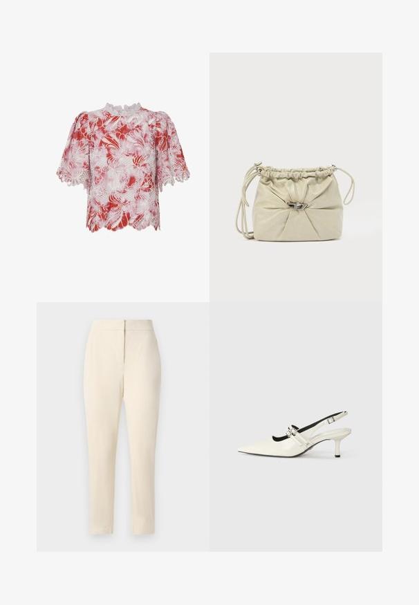 Blouse rouge et blanche à manches courtes ornée de motifs floraux en dentelle, de bords scallopés et d'un col haut avec des ornements complexes et des découpes.; Pantalons droit couleur crème avec une taille ajustée et une fermeture éclair frontale dissimulée, présentés sur un fond uni.; Escarpin à bout pointu en cuir blanc brillant avec deux brides réglables à boucle et un talon aiguille de 6 cm.; Sac bandoulière en cuir beige doux avec un haut plissé, une fermeture à verrou à bouton-poussoir argentée et une fine bandoulière réglable sur fond blanc.