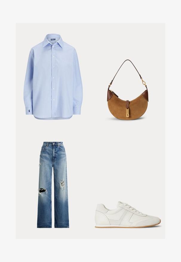 Lichtblauw overhemd met lange mouwen, knoopsluiting, een puntkraag en een klein geborduurd logo op de linkermanchet.; Blauwe denim jeans met wijde pijpen en versleten scheuren bij de knieën, met een hoge taille, knoopsluiting en klassiek ontwerp met vijf zakken.; Witte lage sneaker met veters aan de voorkant, suède en leren panelen, en een lichtbruine rubberen zool op een witte achtergrond.; Bruine suède halve maan handtas met donkerbruine lederen accenten, goudkleurige hardware en een korte schouderriem.