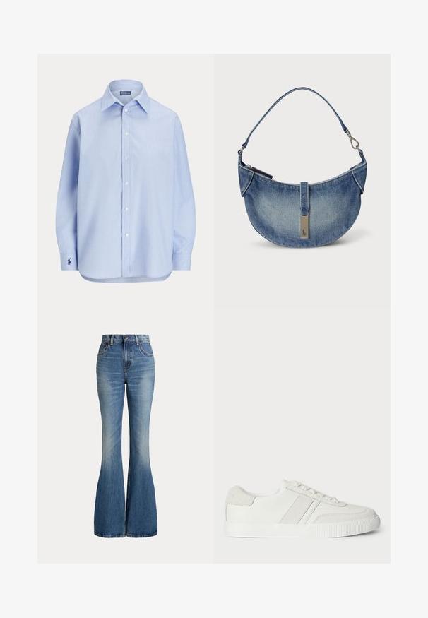Lyseblå langærmet skjorte med knapper, spids krave og lille broderet logo på venstre manchet.; Højtaljede blå jeans i denim med klokkeformede ben og let falmet område foran på låret, vist mod hvid baggrund.; Hvid sneakers med en glat læderoverdel, suedet detaljer og flade snørebånd. Har en tekstureret gummisål og et minimalistisk design.; Lyseblå denim håndtaske i halvmåneform med en enkelt skulderrem, metallynlås og en logo-tag på læderdetaljen.
