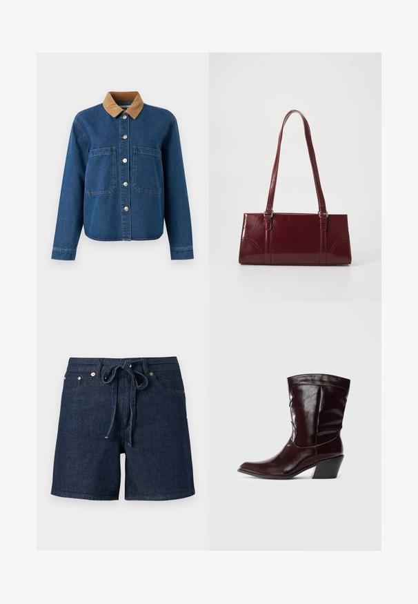 Jeansjacke mit einem braunen Cordkragen, vorderer Knopfverschluss, zwei großen Brusttaschen und einem lässigen Schnitt. Blaue Stoff mit subtiler Struktur.; Dunkelblaue Jeansshorts mit Vordertaschen und einem gebundenen Stoffgürtel an der Taille, auf einem schlichten grauen Hintergrund präsentiert.; Bordeauxfarbene Leder-Stiefeletten mit spitzem Schnitt, strukturierten Oberflächen und einem schmalen, niedrigen Absatz. Verfügen über dezente Nähte und einen engen Sitz.; Burgunderfarbene Handtasche aus glänzendem Material, rechteckige Form, mit zwei Schulterriemen und subtilen, geschwungenen Akzenten an der Vorderseite.