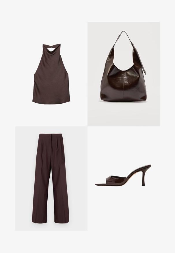 Haut sans manches en satin brun foncé avec col bénitier drapé et petit détail œillet au dos, à plat sur fond blanc.; Pantalon large en tissu bordeaux foncé. Doté d'une taille plate et de plis à l'avant. Texture lisse avec un design ajusté.; Mule en cuir verni marron foncé, à bout ouvert, avec une large bride et un talon haut fin sur fond blanc.; Sac à bandoulière en cuir marron foncé brillant avec une seule large sangle et un détail de boucle sur un côté, posé sur un fond clair uni.