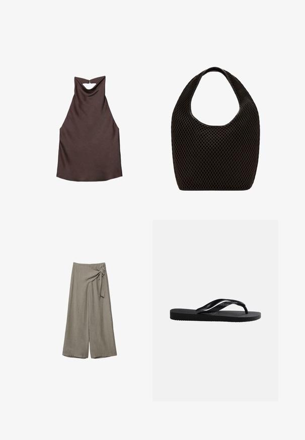 Haut sans manches en satin brun foncé avec col bénitier drapé et petit détail œillet au dos, à plat sur fond blanc.; Pantalon taupe à jambes larges, taille haute avec un détail de nœud en tissu sur le côté droit.; Tongs en caoutchouc noir avec semelle texturée et bride en Y lisse sur un fond clair uni.; Sac cabas noir en maille à tissage ouvert avec poignée supérieure arrondie et corps large et incurvé.