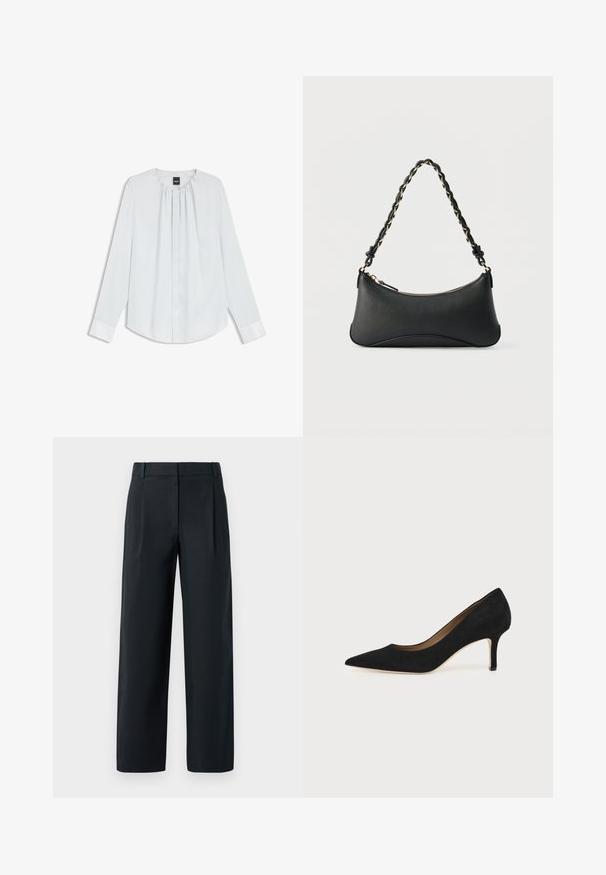 Blouse blanche à manches longues avec col plissé, boutons avant cachés et poignets, posée à plat sur un fond blanc.; Pantalon noir ajusté avec une coupe droite, présentant des plis avant, une texture lisse et des passants de ceinture. Pas de poches visibles.; Escarpin en daim noir à bout pointu avec un talon stiletto fin de hauteur moyenne et un design à coupe basse sur un fond uni.; Sac à bandoulière en cuir noir de forme rectangulaire incurvée, avec une chaîne dorée tissée dans la bandoulière noire tressée et une fermeture éclair sur le dessus.