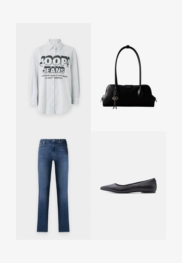 Raidallinen vaaleansininen ja valkoinen nappipaita. Etupuolella on rohkea musta "JOOP! JEANS" -logo, ja paidassa on pitkät hihat.; Tummansiniset farkut, joissa on suora leikkaus, klassinen viiden taskun muotoilu, etupainikekiinnitys ja hienovarainen kuluminen käytetyn vaikutelman luomiseksi.; Musta kärjestään terävä, matalakorkoinen nahkainen tasapohjakenkä, esitetty sivuprofiilissa valkoista taustaa vasten.; Musta nahkainen Calvin Kleinin käsilaukku, jossa on pitkä olkahihna, vetoketjulliset sivut ja koristeellinen riipus roikkumassa yhdestä hihnasta.
