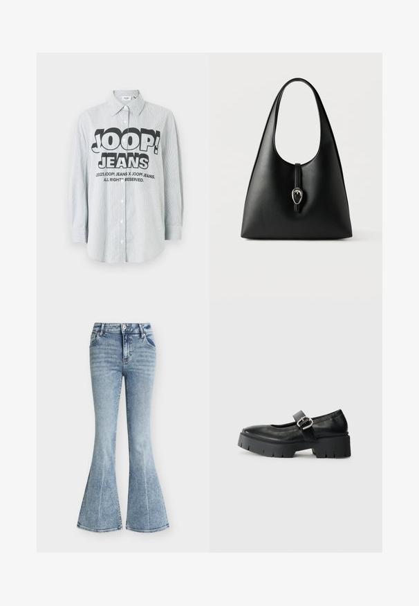 Gestreept overhemd met knopen van lichtblauwe en witte stof. Heeft een gedurfd zwart logo "JOOP! JEANS" aan de voorkant, met lange mouwen.; Lichtblauwe high-waisted spijkerbroek met een vervaagde wassing, voorzakken, knoop- en ritssluiting, en uitlopende broekspijpen.; Zwarte leren Mary Jane schoenen met een chunky plateauzool, ronde neus en zijgespsluiting. Glad uiterlijk met minimale stiksels.; Zwarte lederen handtas met een enkele handgreep en een zilveren gesp als sluiting op een witte achtergrond.