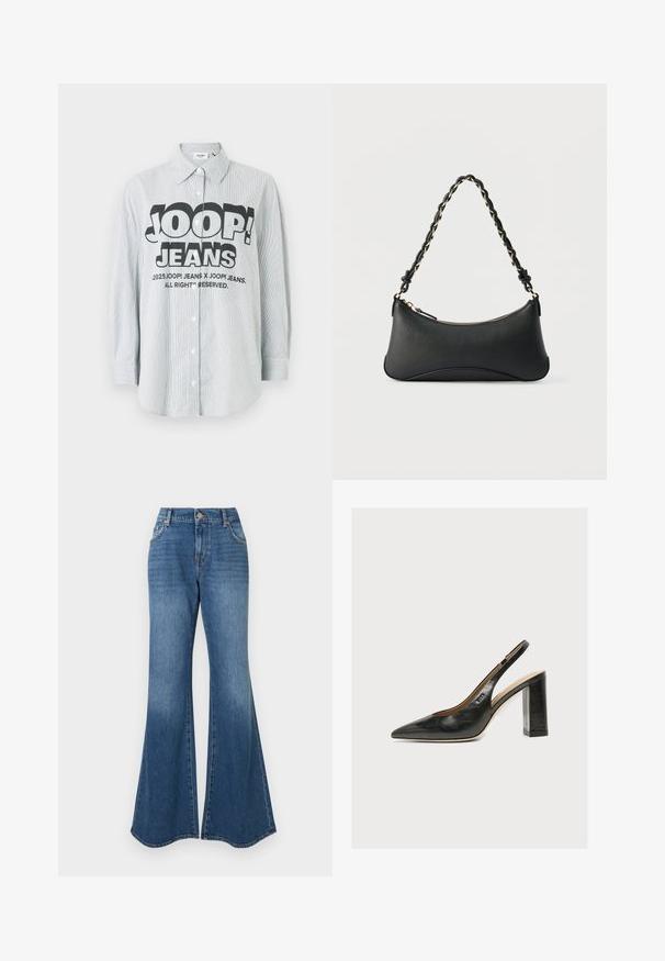 Camisa de botones a rayas en tejido azul claro y blanco. Presenta un logo negro llamativo "JOOP! JEANS" en el frente, con mangas largas.; Jeans acampanados azules que presentan un material de mezclilla clásico, tiro alto y un ligero desgaste, con una apertura ancha en el tobillo, sin adornos visibles.; Zapato de mujer slingback de piel negra con puntera puntiaguda y tacón alto grueso de bloque sobre fondo blanco.; Bolso de hombro de cuero negro con forma rectangular curvada, cadena dorada entrelazada en una correa negra trenzada y cierre superior con cremallera.