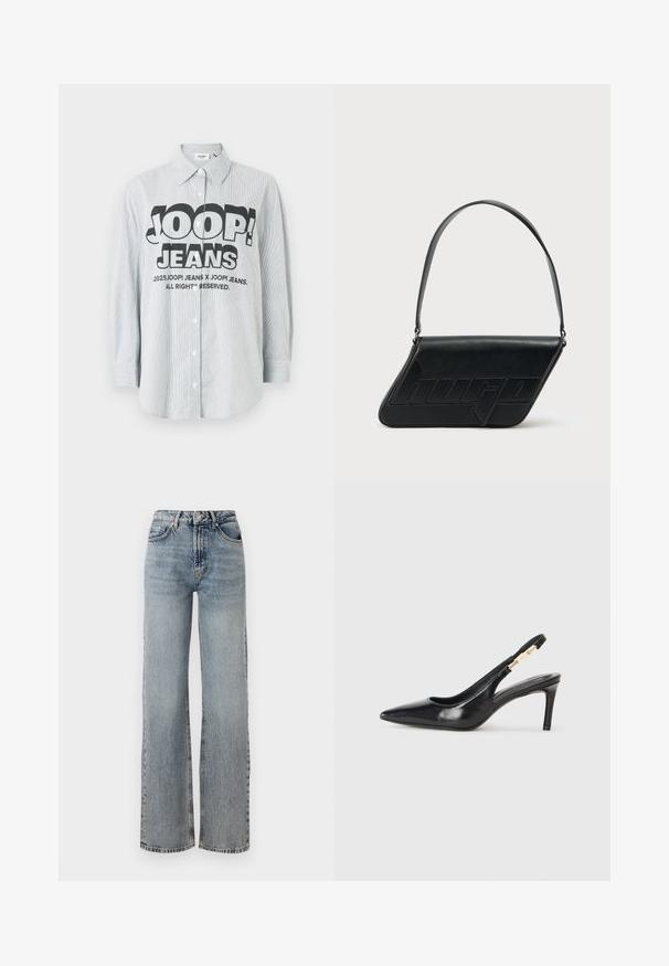 Stribet skjorte med knapper i lyseblåt og hvidt stof. Har et markant sort logo "JOOP! JEANS" på forsiden, med lange ærmer.; Lyseblå denimjeans med høj talje, vidde ben, falmet finish og diskret slidte detaljer. Klassisk fem-lomme stil.; Sort læder slingback højhælede sko med spidse tæer, glat overflade og en smal ankelrem med guldfarvede hardware detaljer.; Sort skuldertaske i læder med trekantet form, præget logo og en enkelt justerbar rem. Minimalistisk design med glat tekstur.