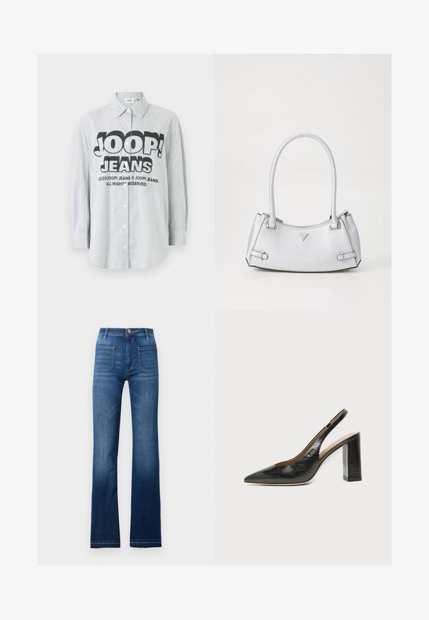 Triibuline nööpidega särk hele sinises ja valges kangas. Esiküljel on julge must logo "JOOP! JEANS", pikkade varrukatega.; Sinine denim materjalist laienevad teksad, millel on viis taskut, nupuga kinnitamine ja nähtavad õmblused, mis annavad veidi pleekinud ilme.; Mustast nahast terava varbaga slingback-kinga kõrge plokk-kontsaga ja beežsisemise voodriga tavalise heledal taustal.; Hõbe käekott, millel on struktureeritud disain, kahe sangaga, läikiva tekstuuriga, aksessuaaride detailidega ja kolmnurkse logoga esiküljel.