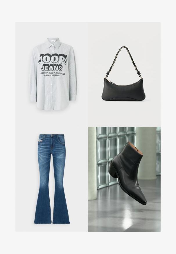 Stribet skjorte med knapper i lyseblåt og hvidt stof. Har et markant sort logo "JOOP! JEANS" på forsiden, med lange ærmer.; Flared jeans i mellemblå denim med høj talje, fem-lomme design og subtile whiskering-detaljer ved lårene.; Sort læderankelstøvle med spids tå og blokhæl, der svæver over en reflekterende grå gulv nær en væg af glasblokke.; Sort skuldertaske i læder med en buet rektangulær form, gyldent kæde vævet ind i en flettet sort rem og toplynlås.