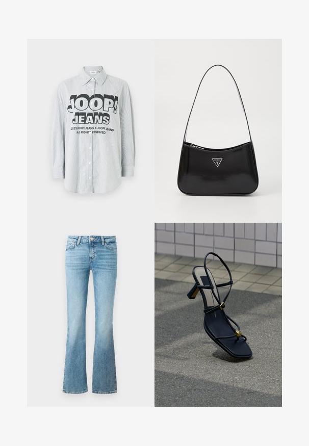 Camisa de botones a rayas en tejido azul claro y blanco. Presenta un logo negro llamativo "JOOP! JEANS" en el frente, con mangas largas.; Pantalones de mezclilla de campana en azul claro con bolsillos delanteros, pasadores para cinturón y cierre de botón.; Sandalia negra con tiras, tacón, puntera cuadrada, hebilla dorada y detalle de cuentas doradas en la tira delantera, colocada sobre asfalto cerca de una pared con azulejos.; Bolso de hombro de charol negro con forma curva, que presenta un logotipo triangular plateado y un cierre de cremallera. Textura suave y correa delgada.