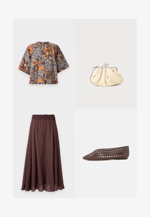 Blouse à manches courtes avec col montant, présentant un motif floral orange et bleu marine sur un fond abstrait blanc et noir.; Jupe longue forme trapèze marron avec taille élastique froncée et tissu léger légèrement froissé, présentée sur un fond uni.; Chaussure plate marron avec un motif ajouré tissé et un bout rond fermé, vue de profil sur un fond clair.; Pochette en cuir beige plissé avec un cadre en métal argenté, dotée de deux fermoirs ronds décoratifs et d'une chaîne en argent.