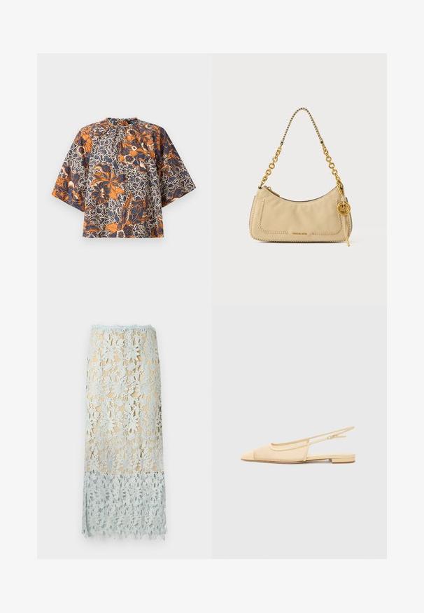 Blouse à manches courtes avec col montant, présentant un motif floral orange et bleu marine sur un fond abstrait blanc et noir.; Jupe crayon beige avec un overlay en dentelle florale bleu pâle et un ourlet festonné, longueur au genou, silhouette ajustée.; Chaussure plate slingback en beige clair avec une tige en maille, un bout pointu et un petit talon. Dotée d'une sangle ajustable pour un bon maintien.; Sac à épaule en cuir beige avec bords tressés, bandoulière chaîne dorée et pendentif circulaire doré aux initiales MK.