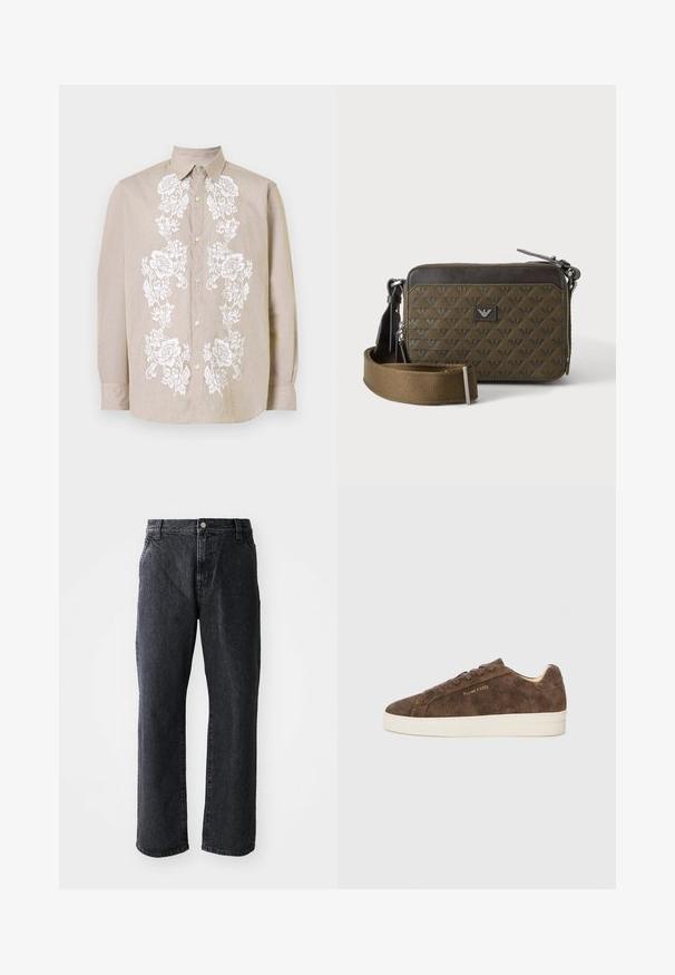 Hellbeige Hemd mit durchgehender weißer Blumenstickerei. Verfügt über einen klassischen Kragen und lange Ärmel mit knöpfbaren Manschetten.; Schwarze Denim-Jeans mit geradem Schnitt, ausgestattet mit einem Knopfverschluss, fünf Taschen und subtiler Textur. Klassisches Design ohne auffällige Muster.; Braune Wildleder-Sneaker mit niedrigem Profil, abgerundeter Spitze und weißer Gummisohle. Ausgestattet mit dunklen Schnürsenkeln und dezentem Branding an der Seite.; Kleine rechteckige braune Umhängetasche mit gemusterter Textur, Frontlogo-Patch, Reißverschluss und breitem verstellbarem Riemen.