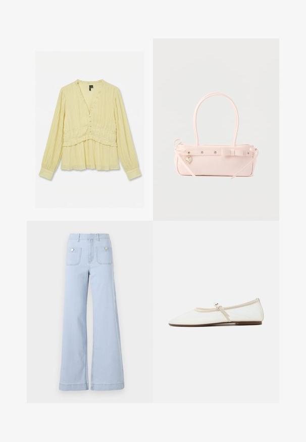 Blouse jaune clair à manches longues avec plis verticaux, encolure en V, boutons recouverts de tissu à l'avant et détails à volants à la taille et aux poignets.; Jean large en denim bleu clair, avec une taille haute, de grandes poches avant et des accents métalliques sur les poches arrière.; Chaussure plate Mary Jane blanche avec bout pointu, fine bride réglable avec boucle argentée, et semelle marron sur fond blanc.; Sac à main rectangulaire rose pâle avec double poignée, nœud décoratif, œillets métalliques et petit charm en forme de cœur sur un fond uni.