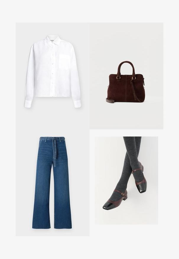 Chemise blanche à manches longues avec boutons, col et poche poitrine, design uni sur fond clair.; TOM TAILOR DENIM TTMIJA CULOTTE FIT - Jean flare - used mid stone blue denim; Chaussures Mary Jane en cuir bordeaux avec un contrefort en verni noir et une fine sangle à la cheville ; portées avec des chaussettes côtelées gris foncé. Talon carré bas.; Sac à main en daim marron foncé avec deux anses, ferrures dorées, fermeture éclair et une bandoulière amovible sur un fond uni.