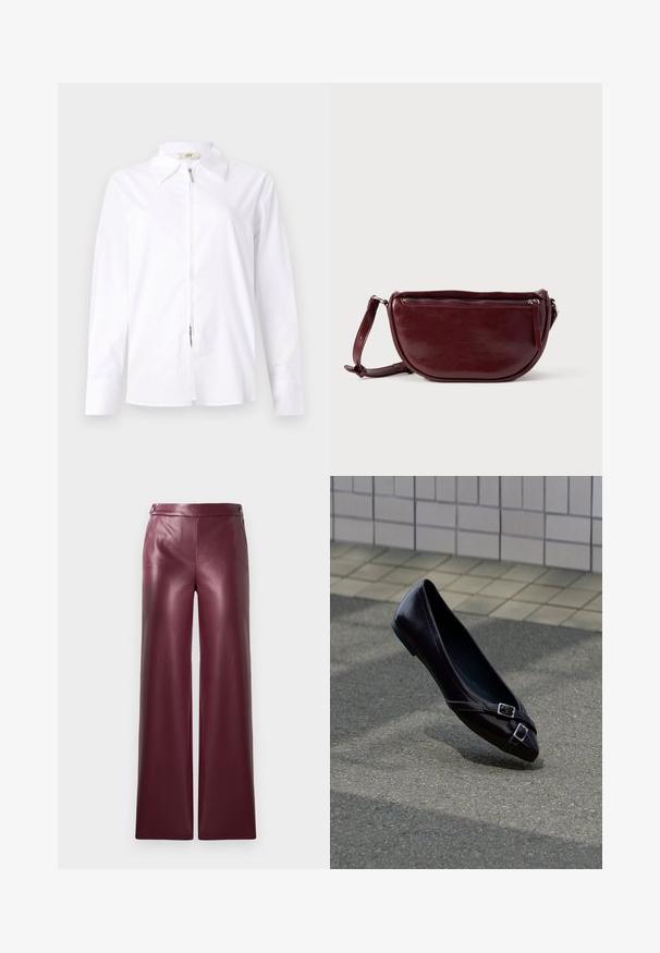 Camisa blanca de manga larga con cuello tipo polo y cremallera frontal. Confeccionada en un tejido suave con forma ajustada y detalles de puños abotonados.; Pantalones de imitación piel burdeos con un diseño de perneras anchas, que cuentan con una textura suave y detalles de botones en la cinturilla.; Bailarina plana negra con punta puntiaguda y dos pequeñas hebillas plateadas flotando sobre asfalto cerca de una pared de azulejos.; Bolso de mano de cuero granate con forma de media luna, cierre de cremallera y una correa desmontable. Textura suave con un brillo sutil.