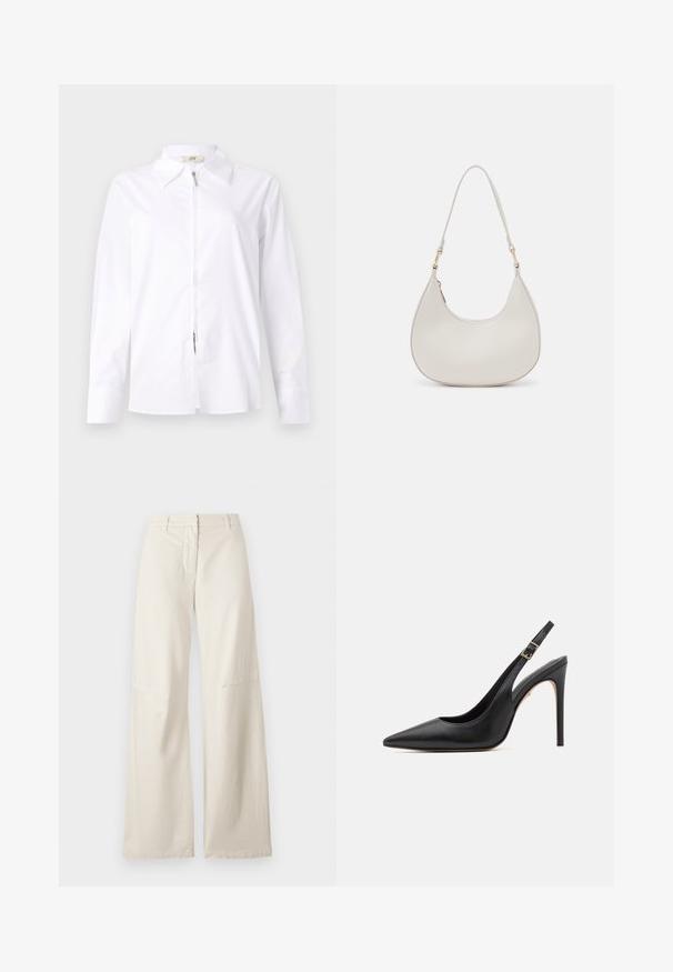 Camisa blanca de manga larga con cuello tipo polo y cremallera frontal. Confeccionada en un tejido suave con forma ajustada y detalles de puños abotonados.; Pantalones de pierna ancha en una tela de algodón color crema. Presentan una cintura alta, un diseño estructurado y detalles de costura mínimos. Parte delantera plana con bolsillos.; Zapato de tacón alto de cuero negro tipo slingback con punta afilada, que presenta un tacón delgado y una correa ajustable en el tobillo con hebilla en tono dorado.; Bolso de hombro de cuero crema con forma de media luna, correa delgada y sutil detalle de costuras. Diseño minimalista con acentos de hardware en tono dorado.
