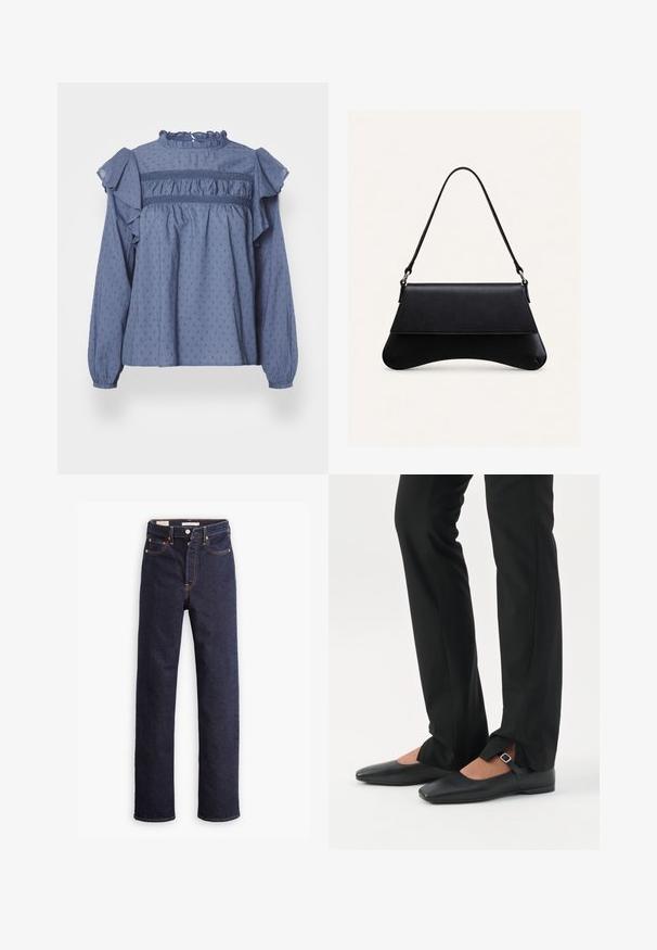 Blusa de algodón azul con un escote y hombros con volantes, que presenta un patrón de puntos texturizados y detalles fruncidos a lo largo del volante y las mangas.; Jeans de mezclilla rectos de color azul oscuro con cinco bolsillos y costuras naranjas visibles sobre un fondo blanco.; Piernas con pantalones ajustados negros con aberturas frontales en el dobladillo, combinados con zapatos planos Mary Jane negros con una pequeña correa con hebilla.; Bolso de cuero negro con fondo curvo, cierre de solapa y una sola correa fina para el hombro, sobre un fondo claro y liso.